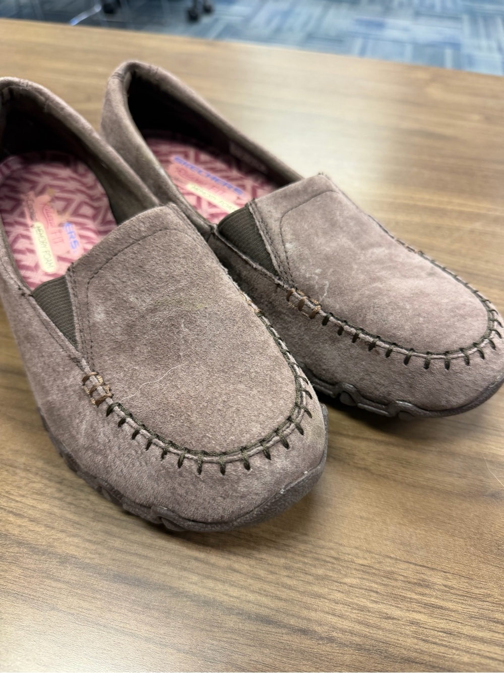Skechers Taupe Suede Slip-On Moccasin Flats